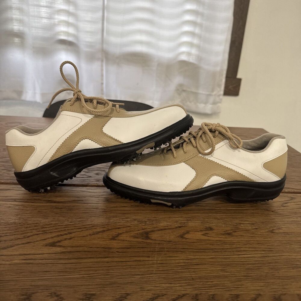 FootJoy Sierra Treks Womens Golf Shoes Size 8m Leather White/Tan Soft Spikes New